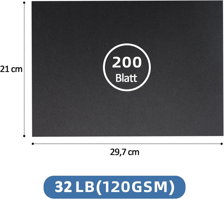 200 x Tonpapier Schwarz A4 120g, Schwarzes Bastelpapier zum Basteln & Malen & Drucken, Schwarz