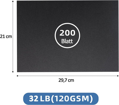 200 x Tonpapier Schwarz A4 120g, Schwarzes Bastelpapier zum Basteln & Malen & Drucken, Schwarz