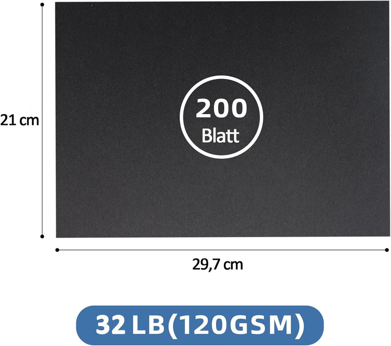 200 x Tonpapier Schwarz A4 120g, Schwarzes Bastelpapier zum Basteln & Malen & Drucken, Schwarz