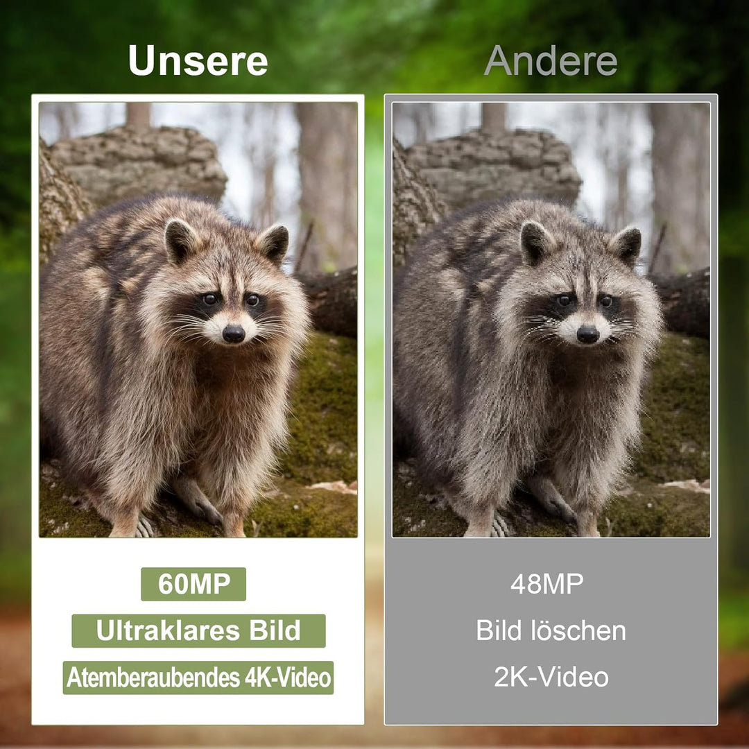 Wildkamera, 4K Video Wildtierkamera, 60MP Full HD WLAN mit Handyübertragung APP, Bewegungssensor, Na