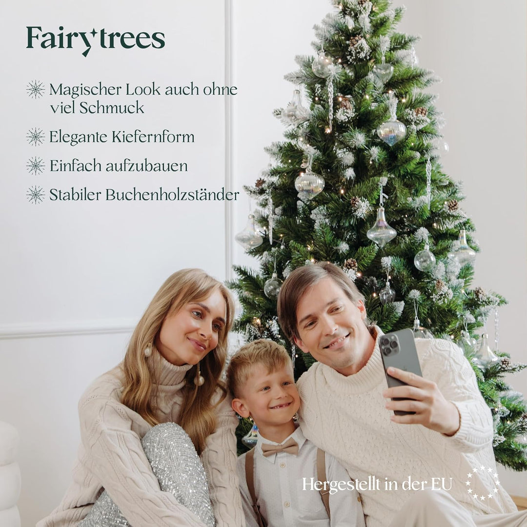 FairyTrees Weihnachtsbaum künstlich 150cm Kiefer mit Christbaum Holzständer | Tannenbaum künstlich m