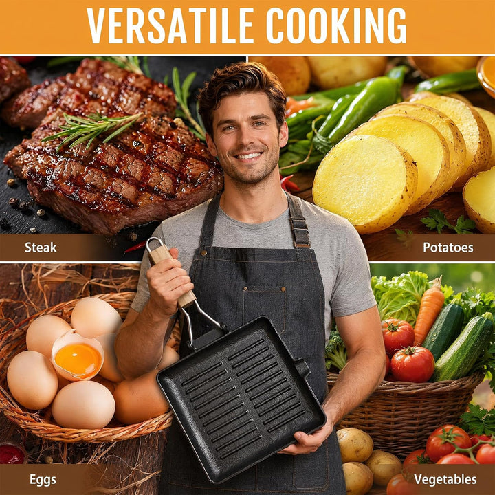 Steakpfanne Gusseisen,Grillpfanne mit Klappbarem Holzgriff Viereckige Grill Pan Induktion Für Alle H
