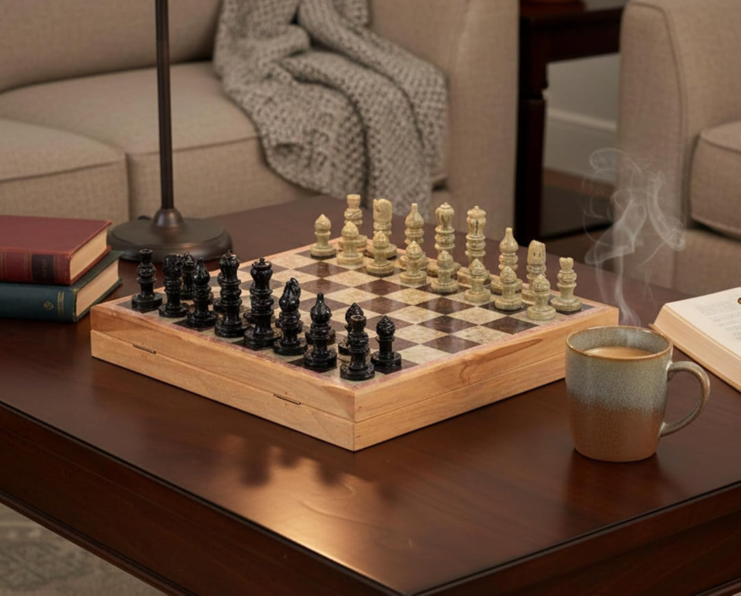 Store Indya Exclusive Schach Set Klassisch Spiel Marmor Schachbrett mit Staunton Stuck und Holzlager