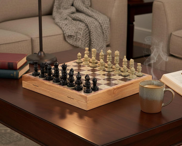 Store Indya Exclusive Schach Set Klassisch Spiel Marmor Schachbrett mit Staunton Stuck und Holzlager