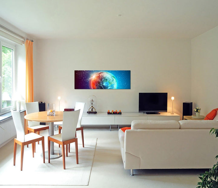 Paul Sinus Art Panoramabild auf Leinwand und Keilrahmen 150x50cm Weltraum Erde Sterne Sonnenaufgang