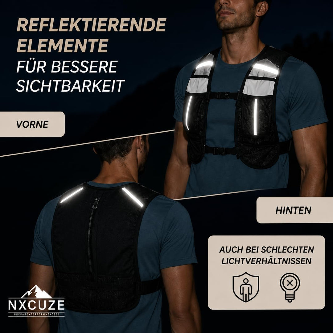NXCUZE® Premium Laufweste Damen & Herren mit 2X 500ml Trinkflasche – Laufweste mit Trinkflasche / Tr