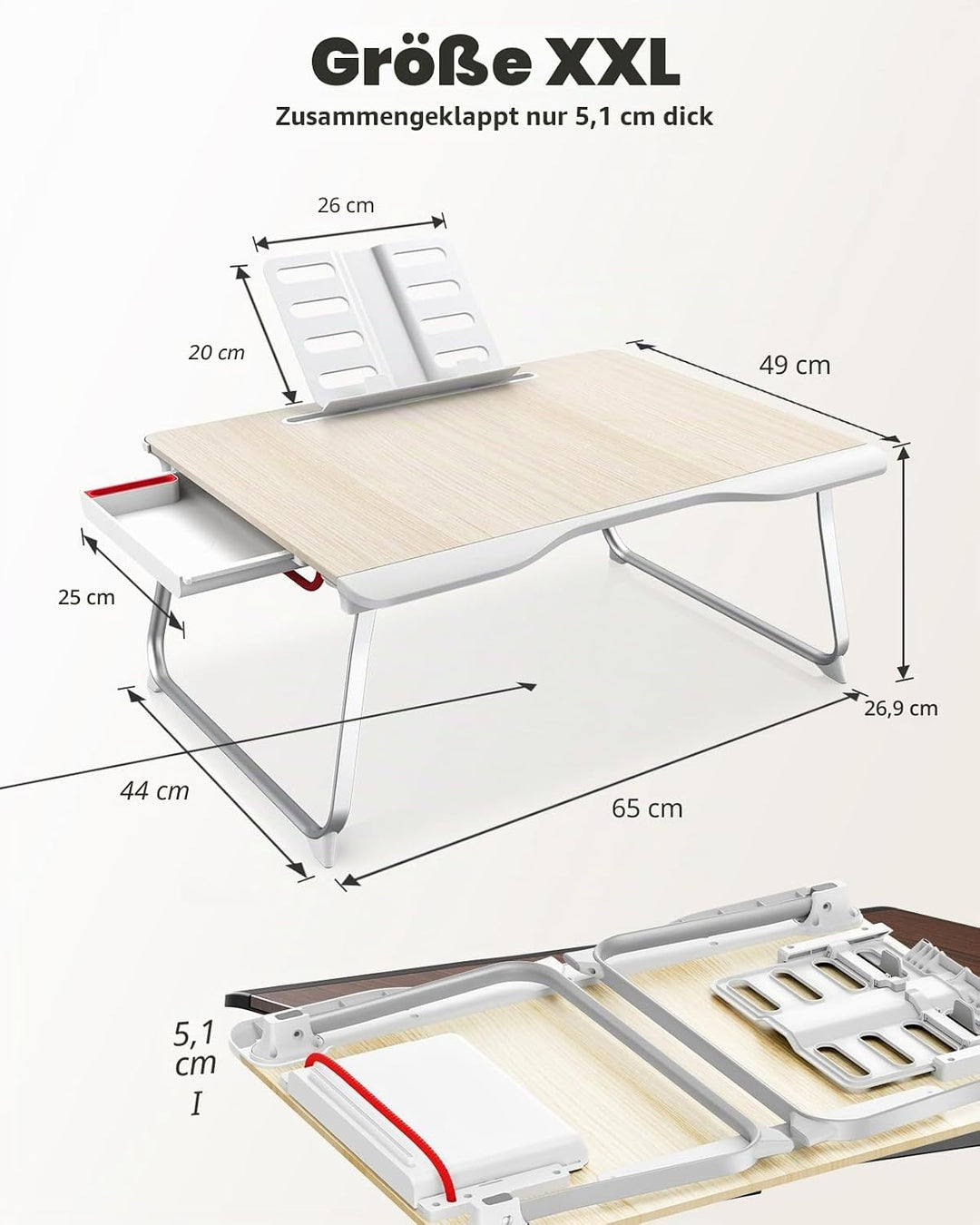 SAIJI Klappbarer Bett-Schreibtisch für Laptop, Essen, Frühstück, Schreiben, Gaming, extra gross, 65x