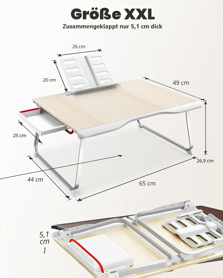 SAIJI Klappbarer Bett-Schreibtisch für Laptop, Essen, Frühstück, Schreiben, Gaming, extra gross, 65x