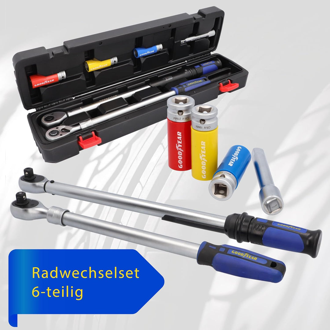 Goodyear Radwechselset, 6-teilig, Drehmomentschlüssel + Umschaltknarre + 3-tlg. Steckschlüsselsatz +