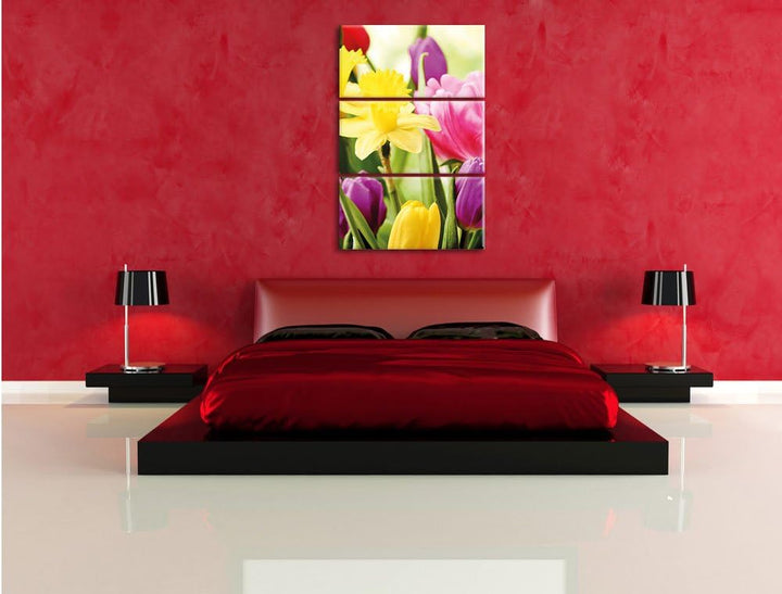 Pixxprint Farbenfrohe Osterglocken und Tulpen 3-Teiler Leinwandbild 120x80 Bild auf Leinwand