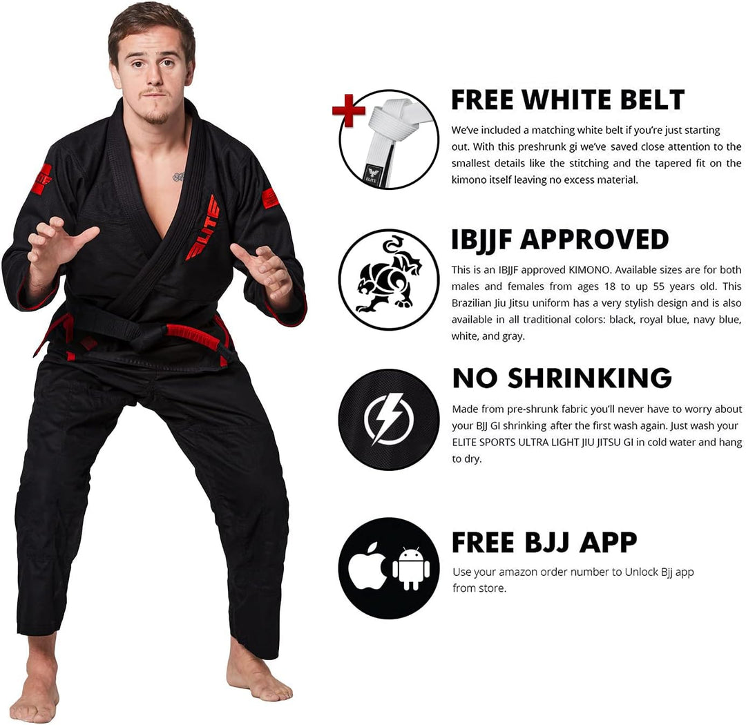 Elite Sports BJJ GI für Herren IBJJF Kimono BJJ Jiujitsu GIS W/sanforisierter Stoff & Gürtel (Siehe