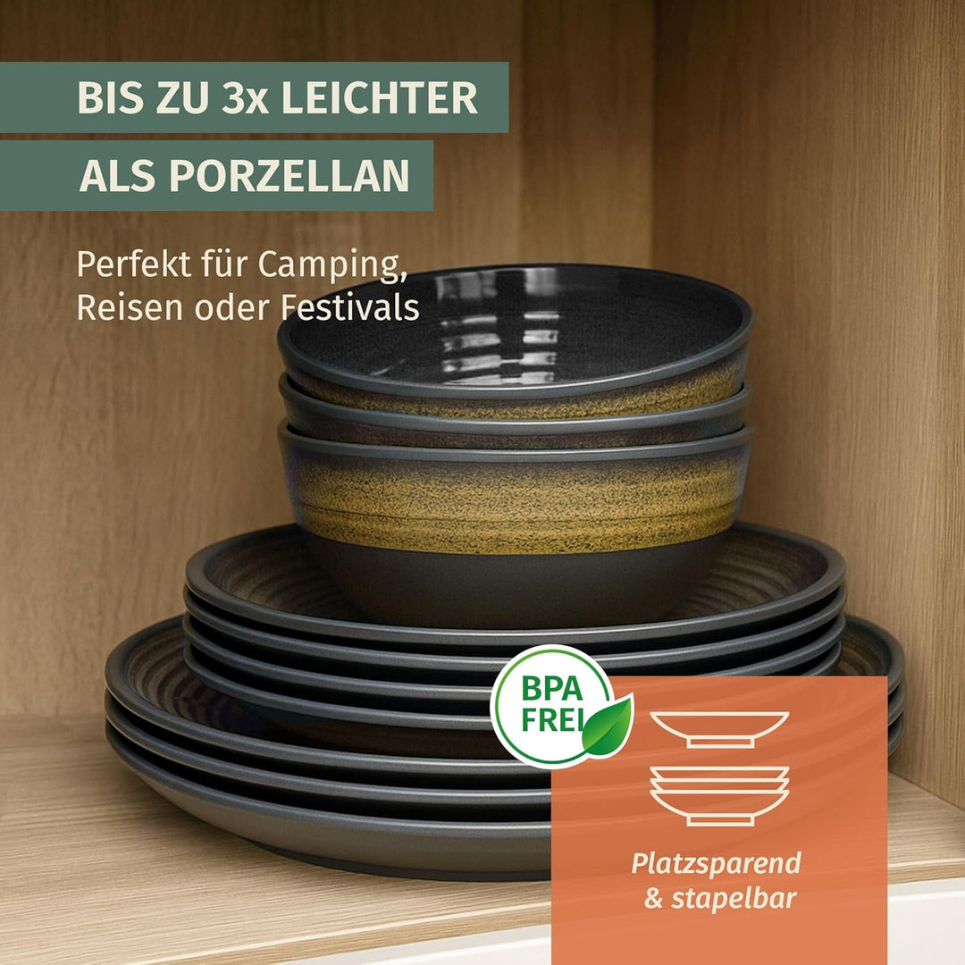 Camping Tafelgeschirr aus Melamin für 4 Personen 12-teilig | spülmaschinenfest | Picknick Geschirrse