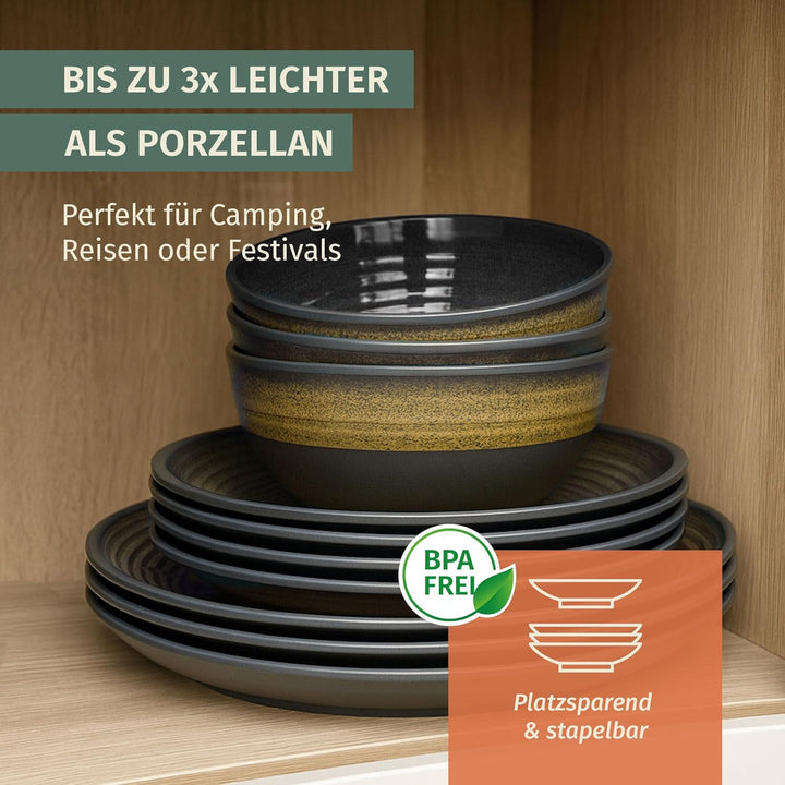 Camping Tafelgeschirr aus Melamin für 4 Personen 12-teilig | spülmaschinenfest | Picknick Geschirrse