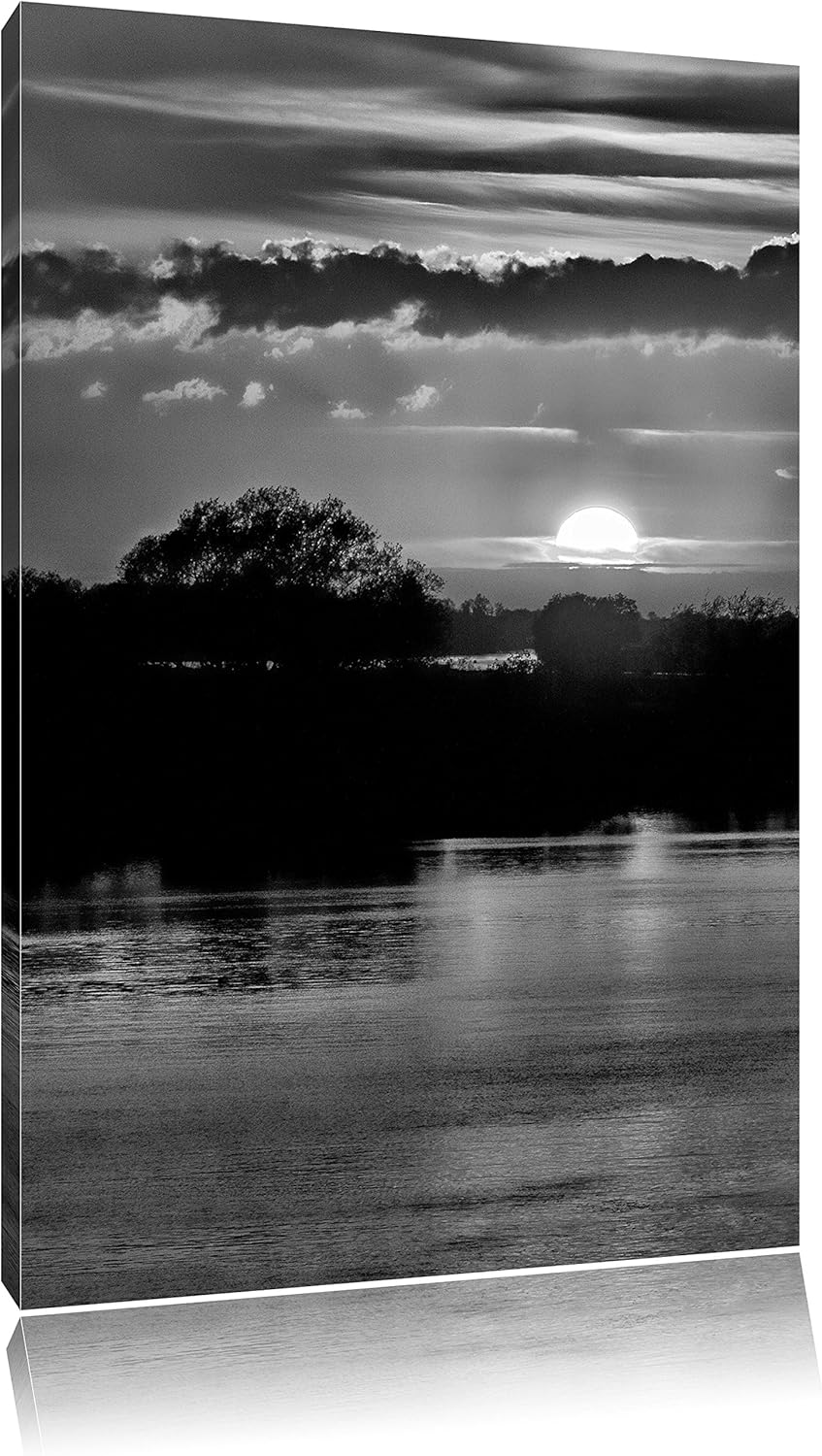 Pixxprint Monocrome, romantischer Sonnenuntergang über Fluss, Format: 100x70 auf Leinwand, 100x70