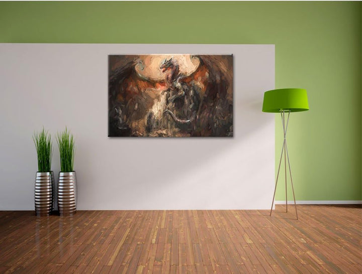 Pixxprint Drache schützend über Burg als Leinwandbild/Grösse: 100x70 cm/Wandbild/Kunstdruck/fertig b
