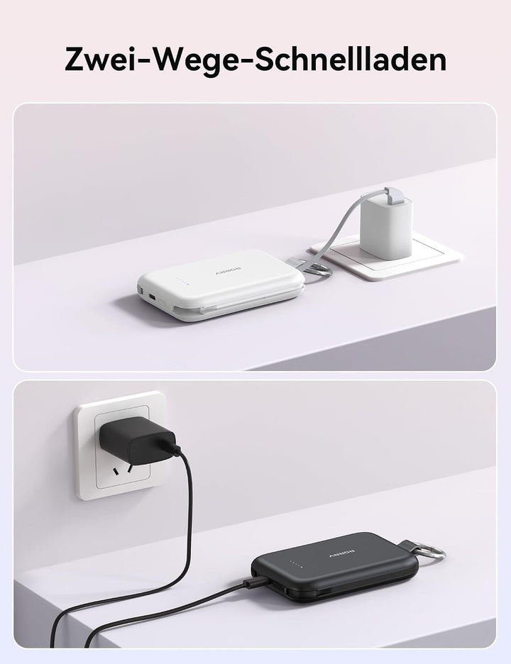 RORRY CharmGo 10000mAh Powerbank, Klein Power Bank PD 30W Schnellladen | Akku-Pack mit integriertem