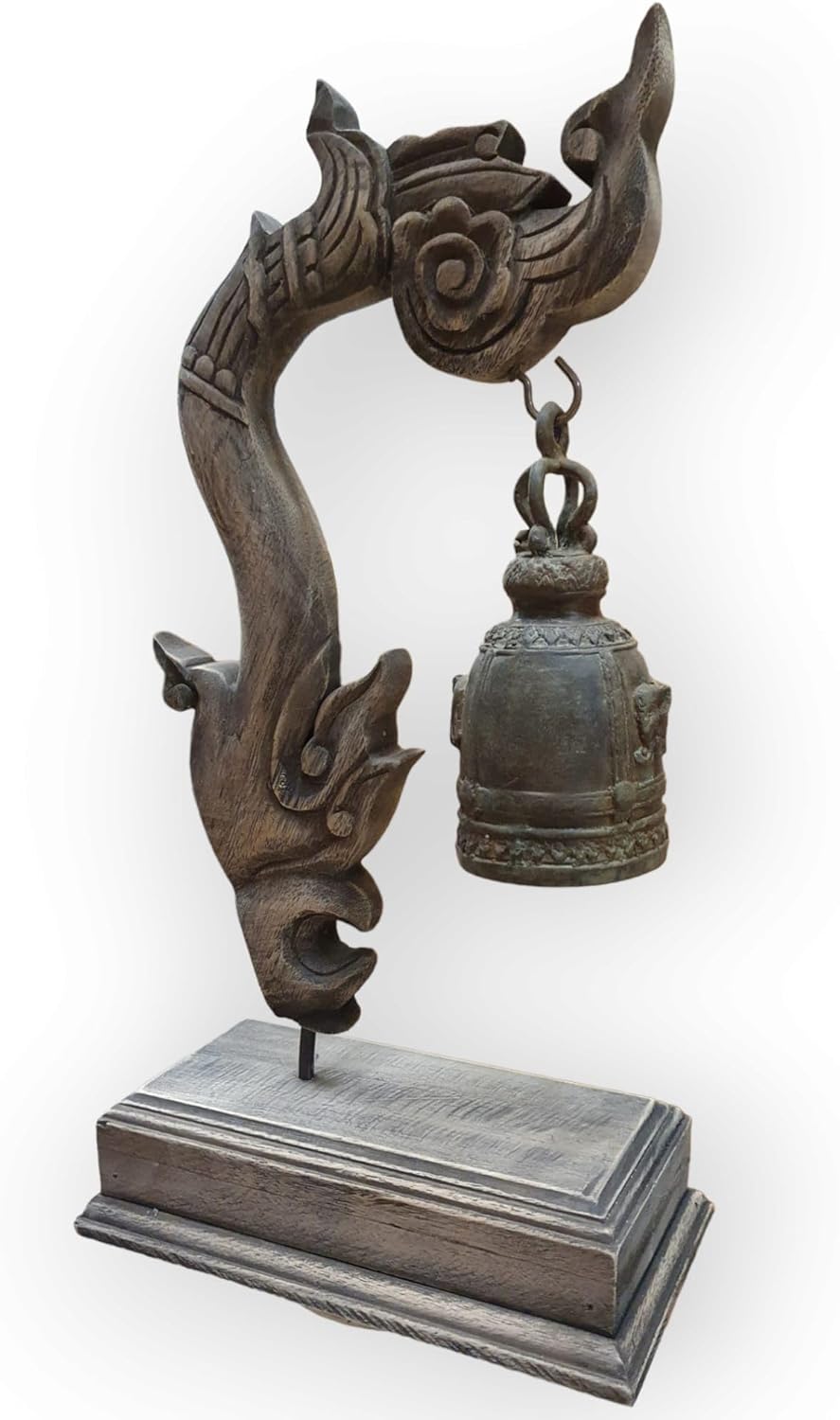 Kinaree Thai Tempel Glocke mit Schnitzerei - Bronze Glocke - Massivholz - thailändische Dekoration -