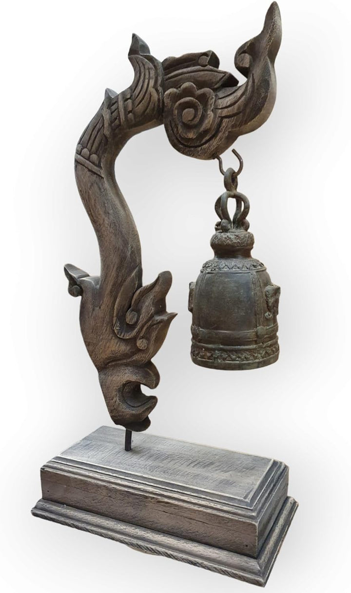 Kinaree Thai Tempel Glocke mit Schnitzerei - Bronze Glocke - Massivholz - thailändische Dekoration -