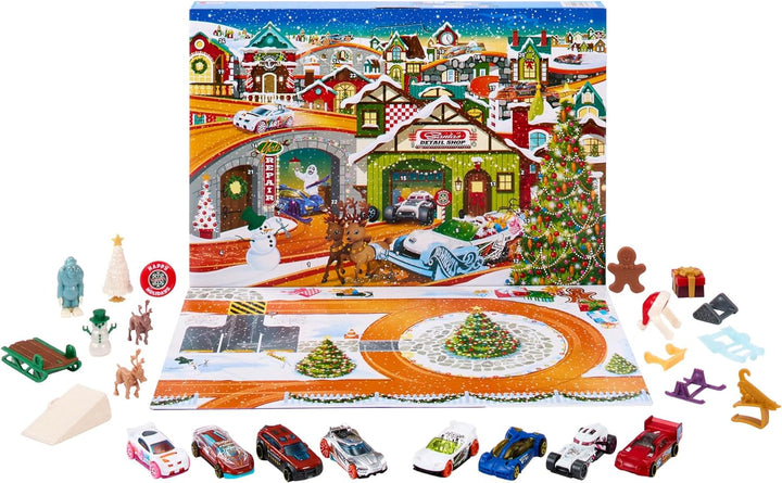 HOT WHEELS Adventskalender 2023 - 8 Hot Wheels Autos und 16 winterliche Zubehörteile hinter 24 numme