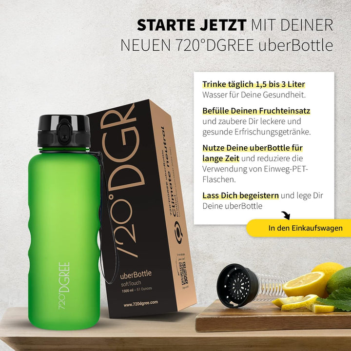 720°DGREE Trinkflasche “uberBottle“ 350ml, 500ml, 650ml, 1l softTouch +Früchtebehälter - Auslaufsich