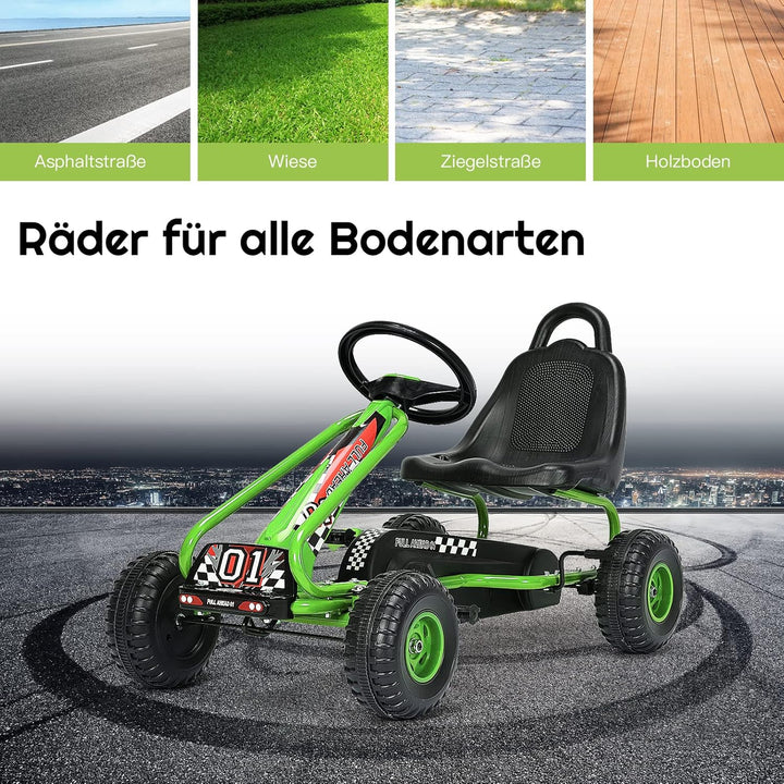 DREAMADE Gokart mit Handbremse & verstellbarem Sitz, Tretauto Tretfahrzeug mit geschlossenem Kettenk