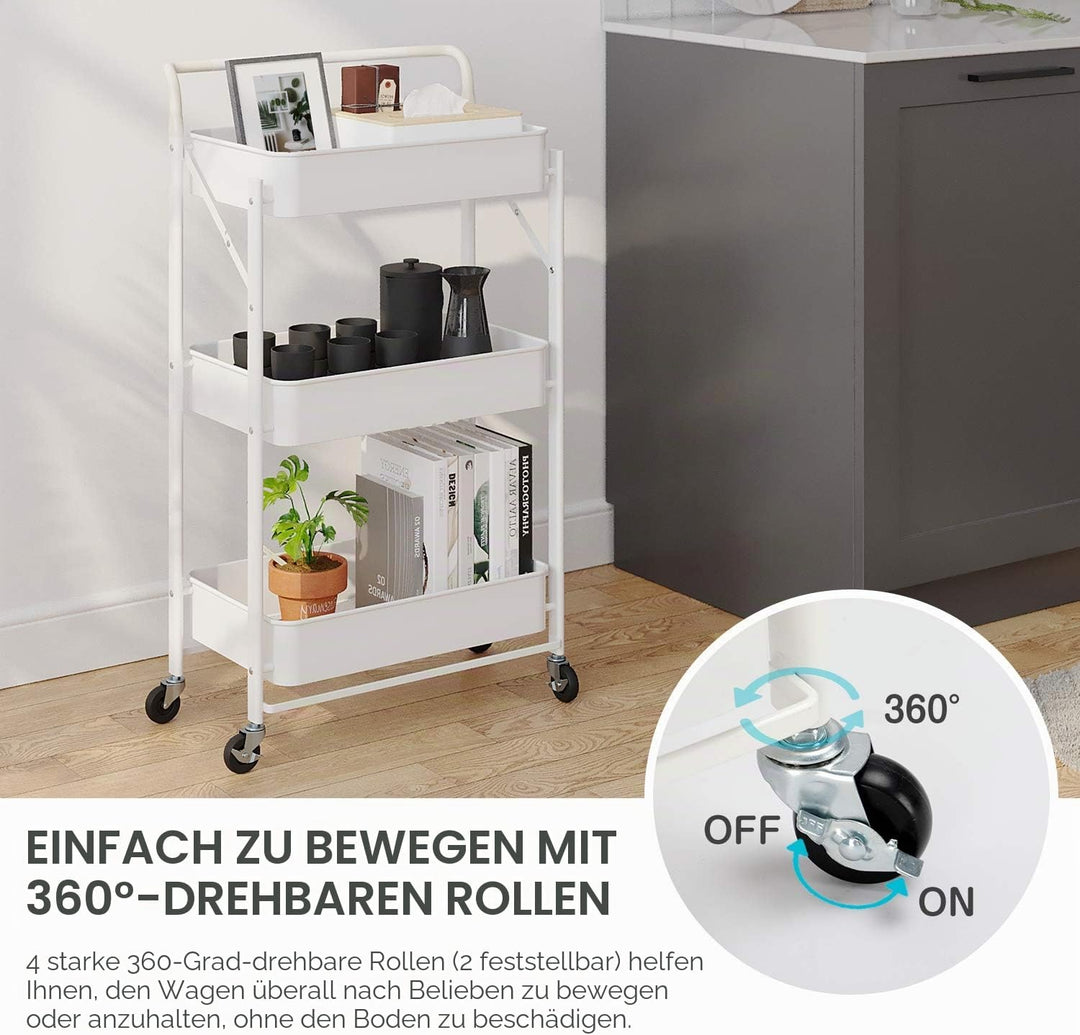 Dripex Rollwagen Küchen, Regal mit Rollen, Faltbarer Küchenwagen aus Metall, Küchenregal mit 3 Ebene