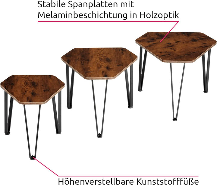 tectake Beistelltisch 3er Set, sechseckiger Couchtisch in 3 Grössen, Industrie-Stil, Holz Satztische