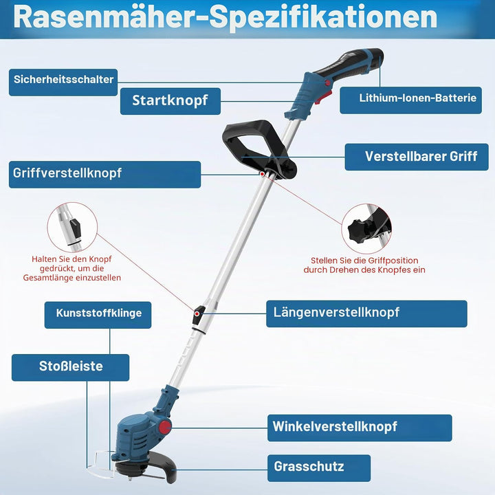 Akku Rasentrimmer mit Akku mit 3 Akkus und 3 Klingentypens