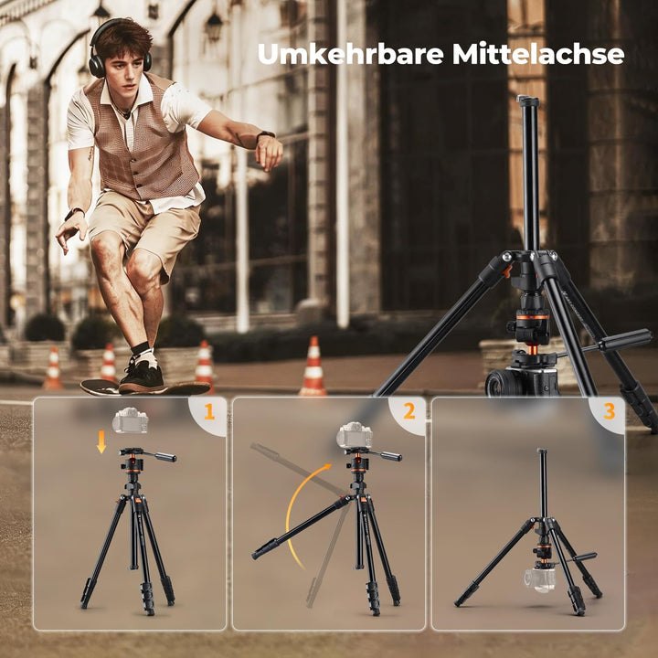 K&F CONCEPT 182CM Stativ Kamera mit Griff und Neigungsbegrenzer, Kamerastativ aus Aluminium Tripod f