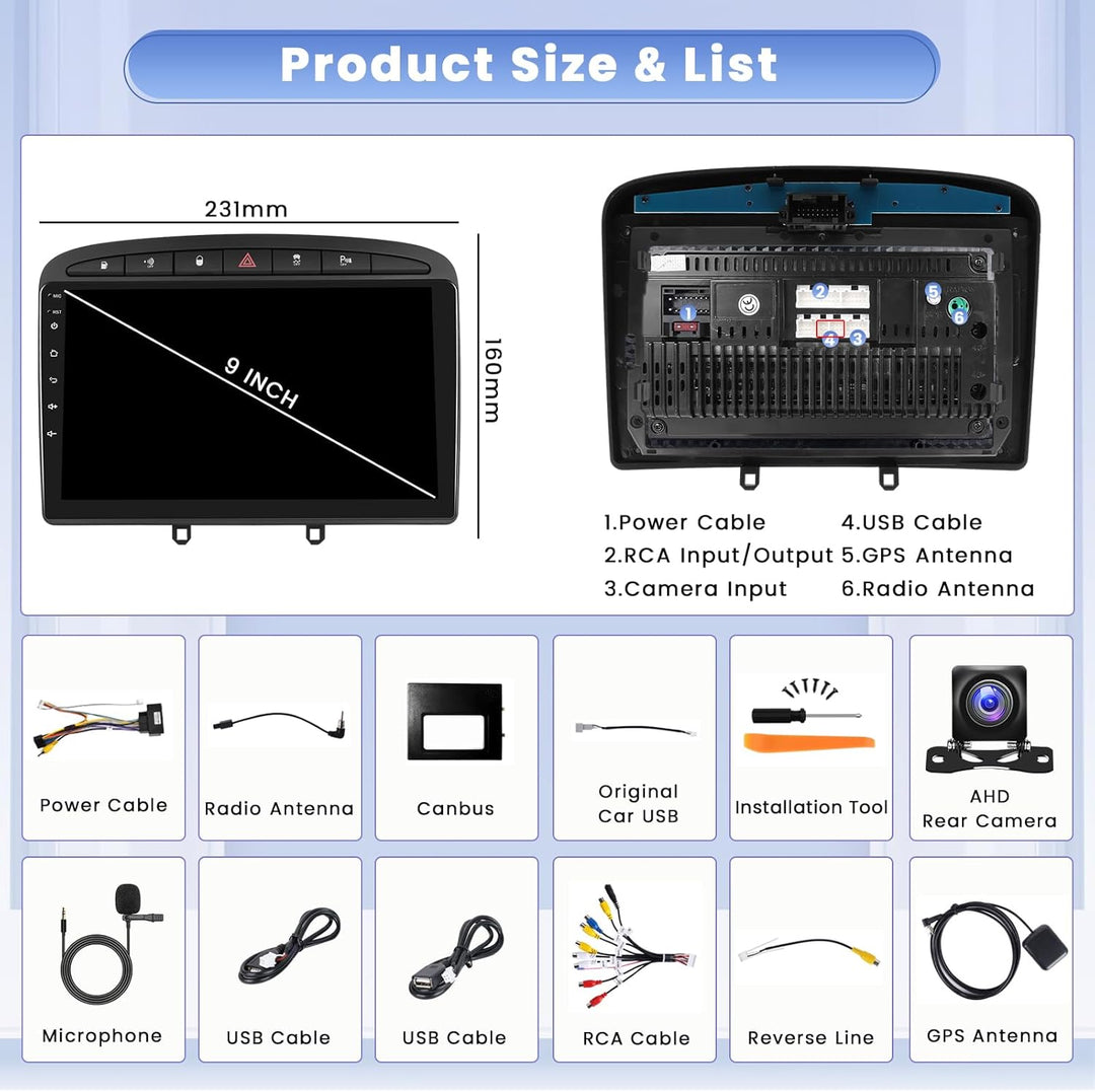 Hikity [8 core 2+64G] Android 15 Autoradio, Wireless CarPlay Android Auto, für Peugeot 308/408 2007-