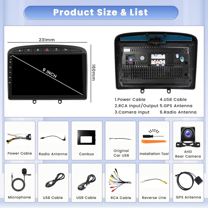 Hikity [8 core 2+64G] Android 15 Autoradio, Wireless CarPlay Android Auto, für Peugeot 308/408 2007-