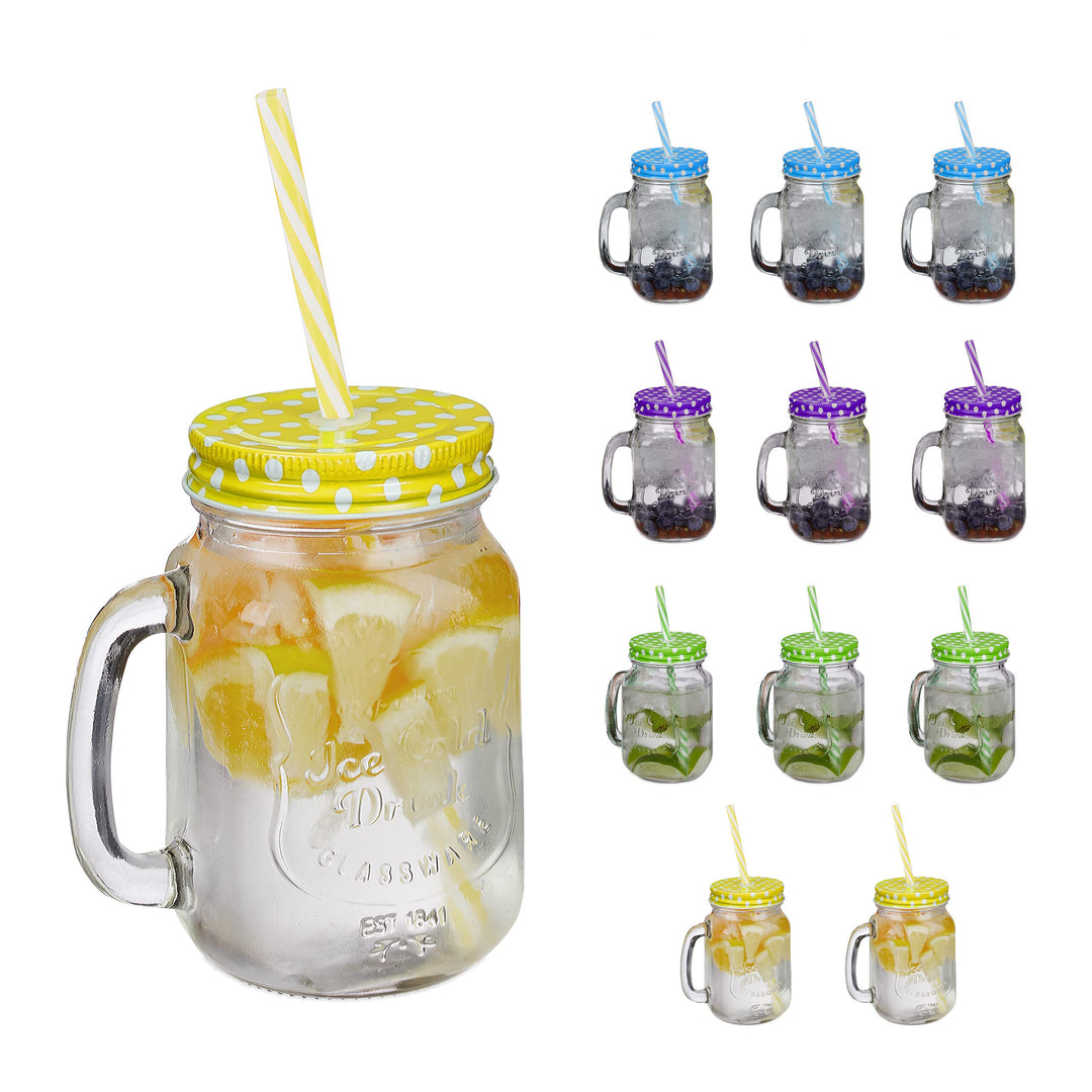 Relaxdays Trinkgläser mit Deckel und Strohhalm, 12er Set Limonadengläser, 500 ml, Retro Sommergläser