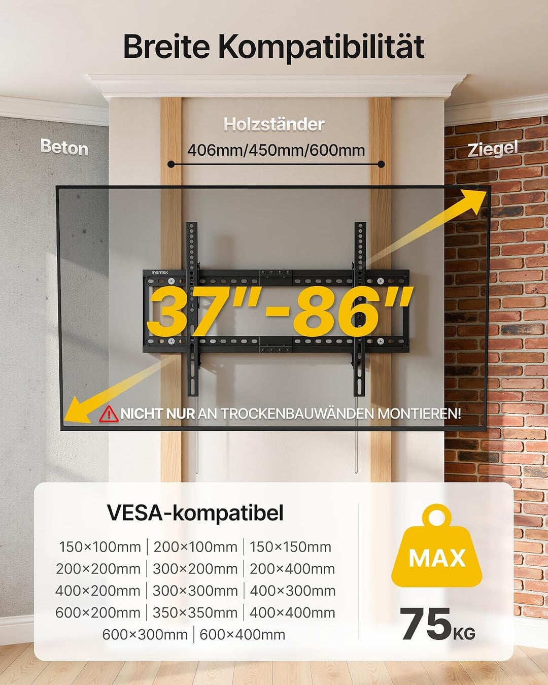 monTEK Neigbare TV Wandhalterung für 37-86 Zoll Fernseher | Gebogene und Flache Fernseher, bis 75 kg