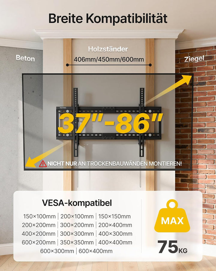 monTEK Neigbare TV Wandhalterung für 37-86 Zoll Fernseher | Gebogene und Flache Fernseher, bis 75 kg
