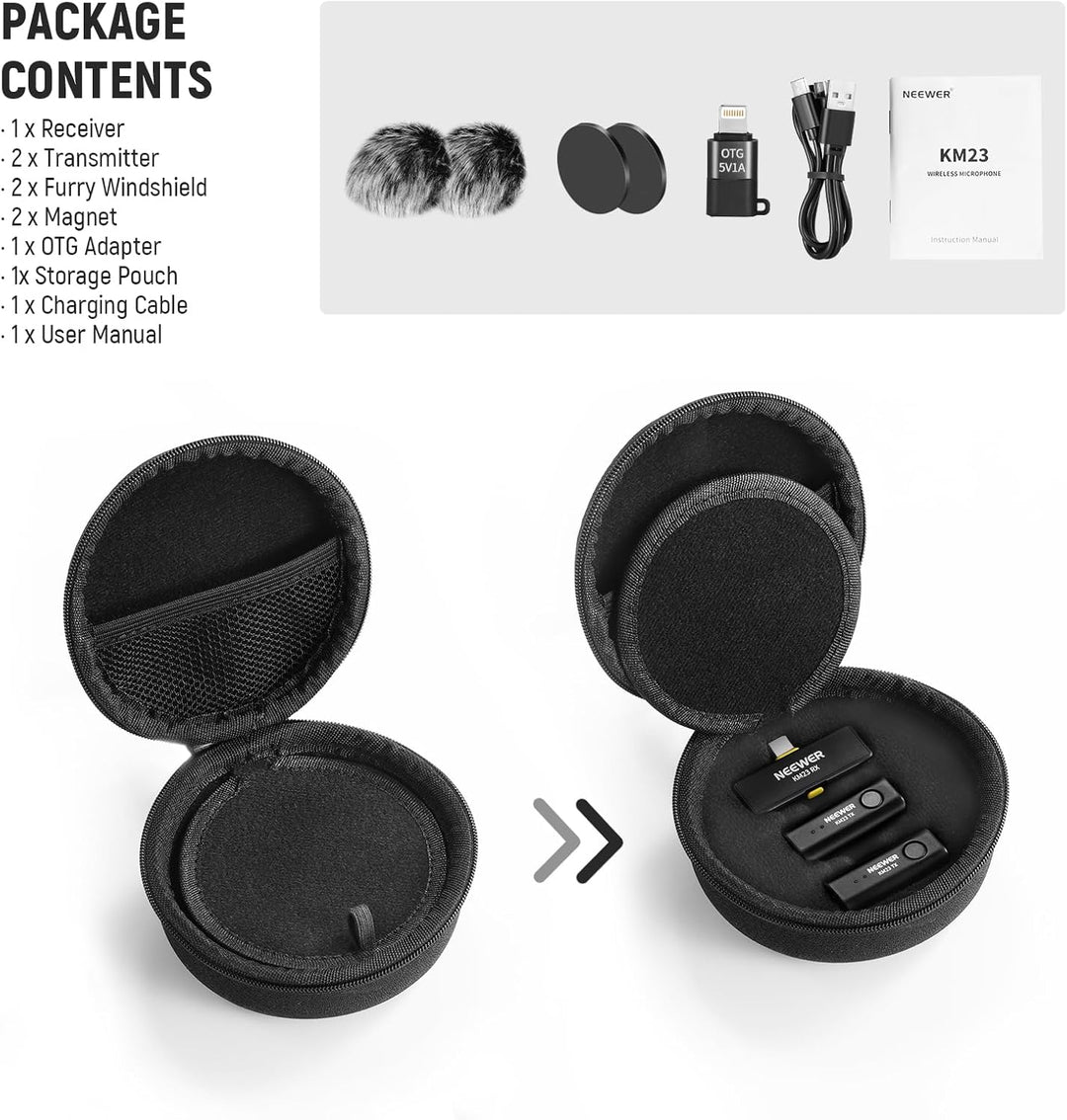 NEEWER Wireless Lavalier Mikrofonsystem, 1 x USB C Empfänger mit OTG Adapter 2 x Rauschunterdrückung