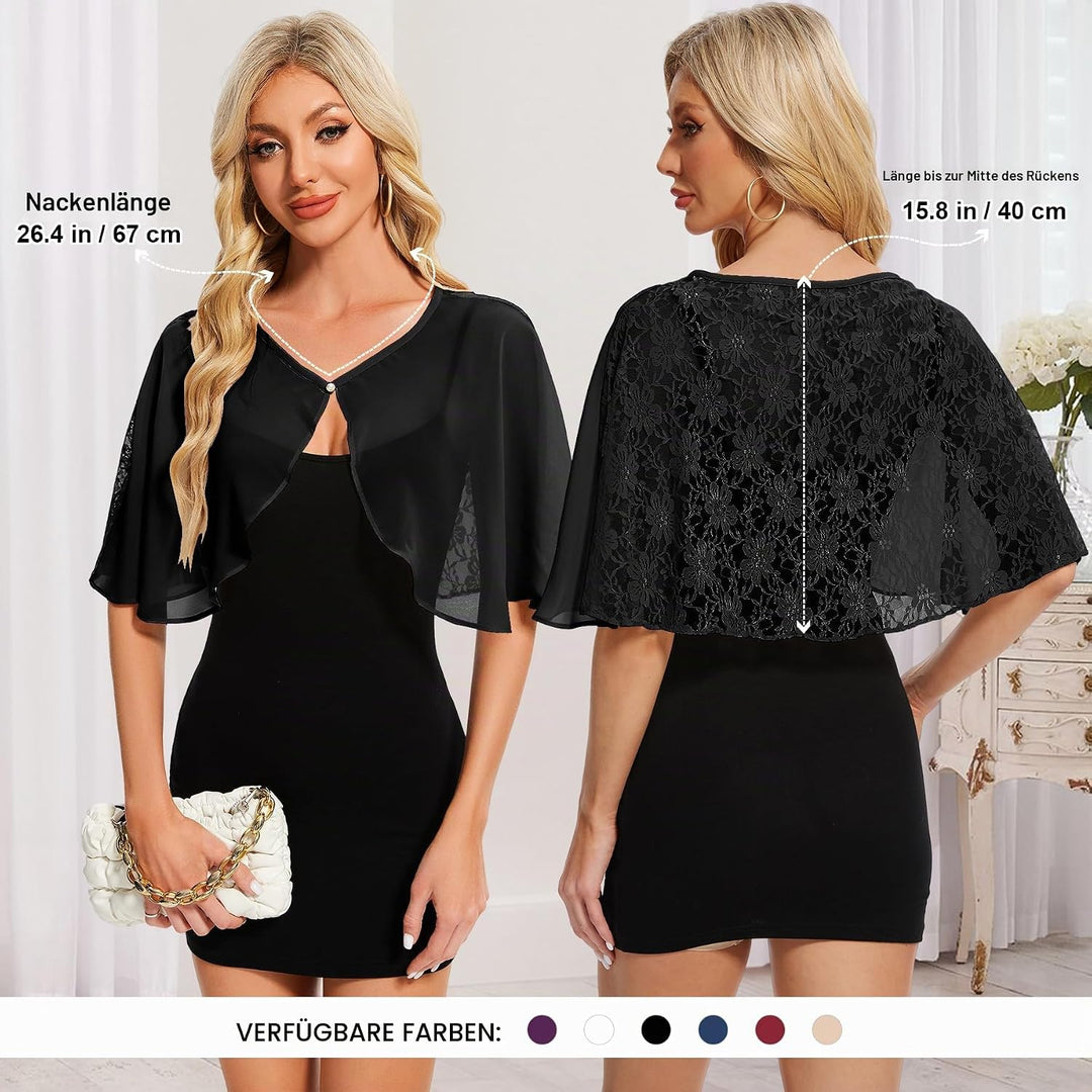 Damen Spitzen Schal Stola Chiffon Umhang Cape Capelets für Hochzeit Abendkleid Braut Party Elegant S