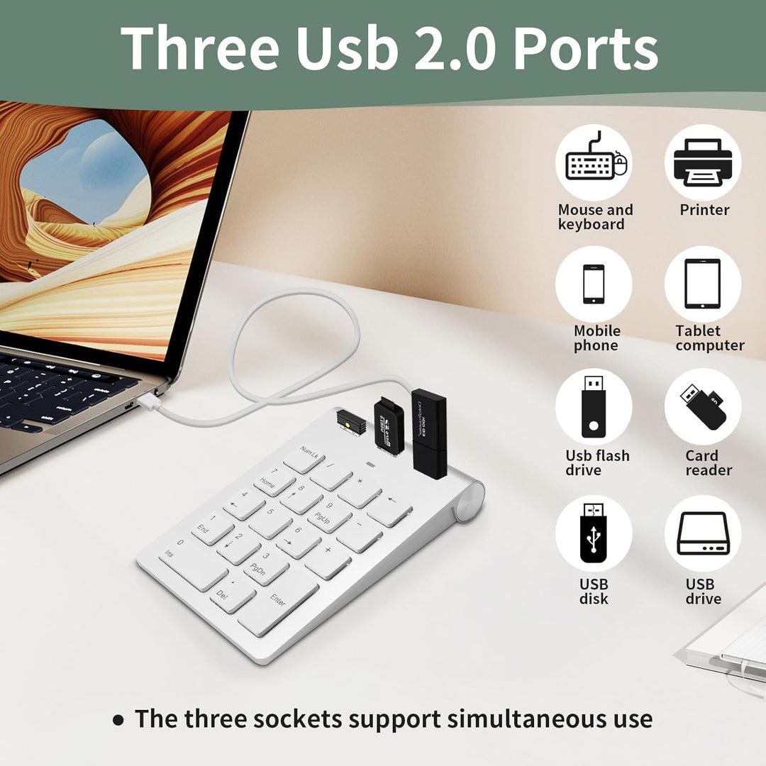 Numpad Wired USB-A Numeric Keypad Wired Numpad mit 3 USB 2.0 Hub Nummernblock Tastatur 18 Tasten 15°