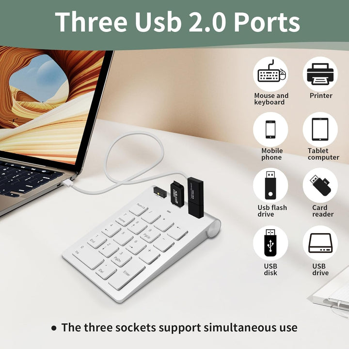 Numpad Wired USB-A Numeric Keypad Wired Numpad mit 3 USB 2.0 Hub Nummernblock Tastatur 18 Tasten 15°