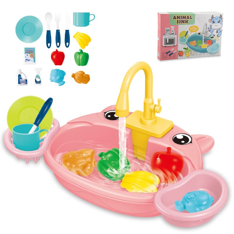 Kinder Küchen-Spielzeugset, Tierspülbecken mit Wasserhahn, Gemüse und Geschirr, Rollenspiel (Rosa),
