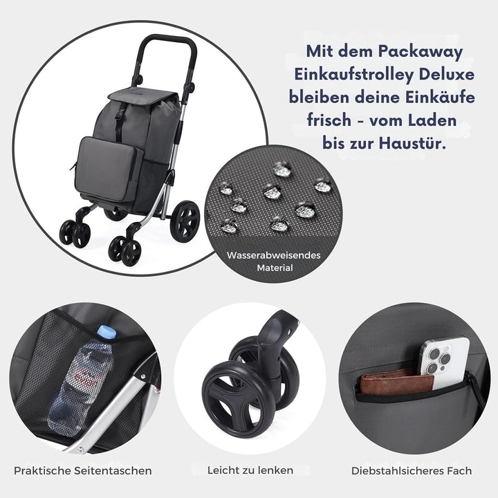 Packaway Einkaufstrolley mit 4 Rädern – Deluxe Einkaufswagen mit Kühlfach &amp; verstellbarem Griff – 60