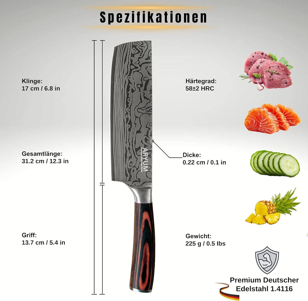 Aryum Premium Nakiri Messer 17 cm, Japanisches Messer, Kochmesser aus Edelstahl, Vielseitiges Hackme