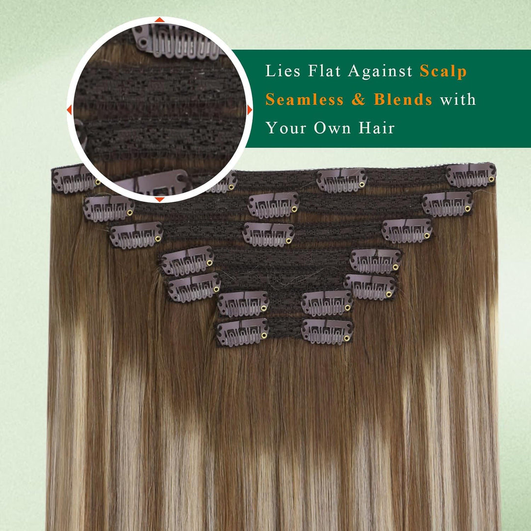 Easyouth Clip Extension Echthaar Doppelt Tressen Clip Extensions 20 Zoll 100g 7Pcs Farbe Mittelbraun