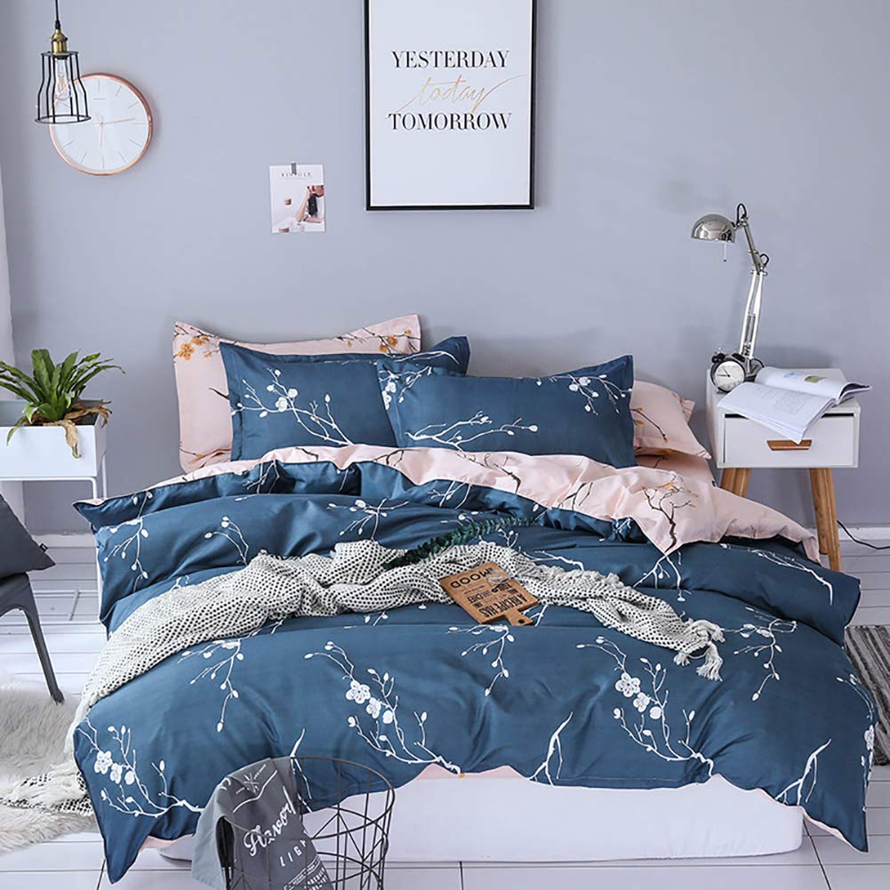 Boqingzhu Bettwäsche 155x220cm mit Blumen Pflanzen Muster Rosa Blau 2 Teilig Weiche Microfaser Bettb