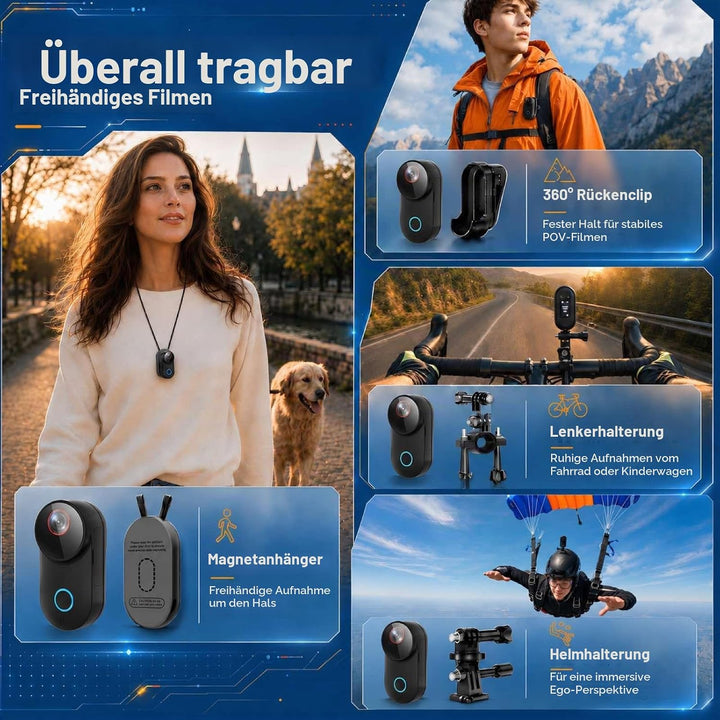 T71M Action Cam 4K, Mini POV- &amp; Helmkamera Mit 6-Achsen-EIS, 154° Weitwinkel, 64 GB MicroSD, Ladecas