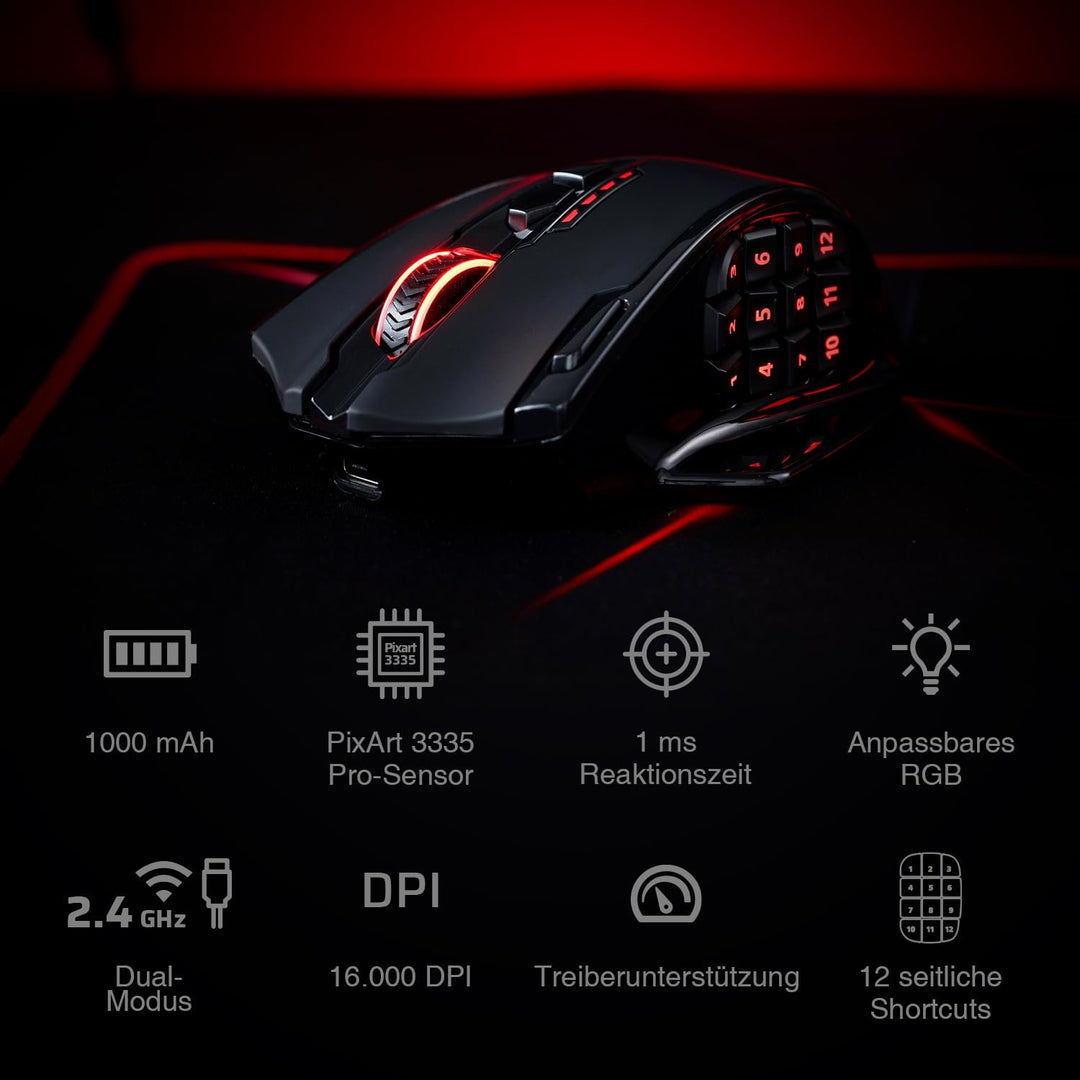 Redragon M913 Impact Elite Wireless Gaming Maus, 16000 DPI Verkabelte/Kabellose RGB Maus mit 20 Prog