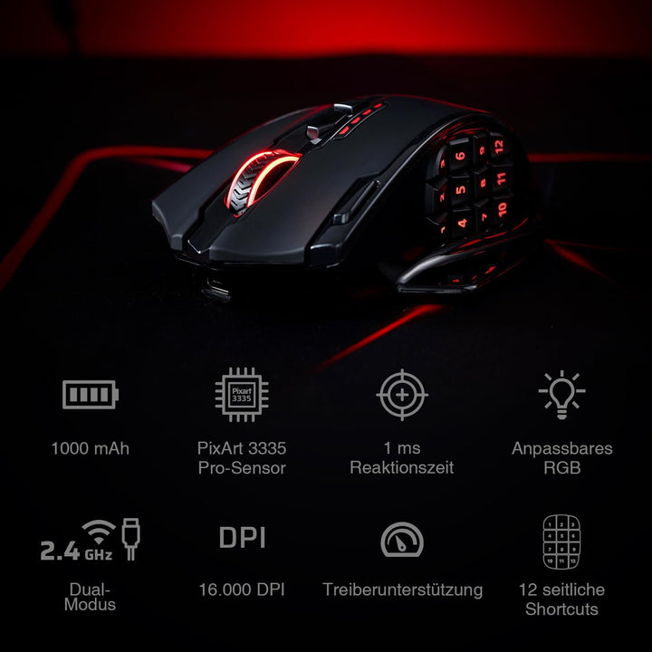 Redragon M913 Impact Elite Wireless Gaming Maus, 16000 DPI Verkabelte/Kabellose RGB Maus mit 20 Prog