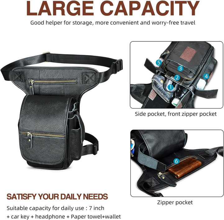 Herren Canvas + Leder Motorrad Reiten Tasche Beinbeutel Beintasche Aussenbeintasche Hüfttasche Drop