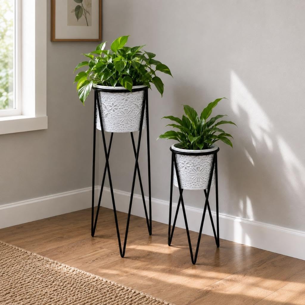 DanDiBo Blumenhocker mit Topf Metall Schwarz Weiss 2er Set Blumenständer 96043 Blumensäule Modern Pf