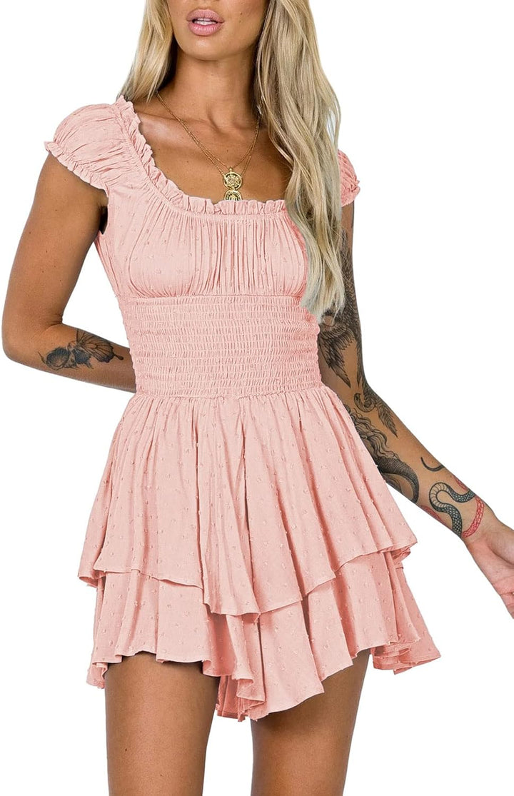 Viottiset Damen Rüschen Shorts Strampler Schulterfrei Swiss Dot Sommer Overalls L Rosa, L Rosa