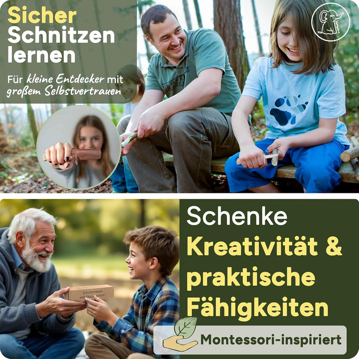 Eli® Schnitzmesser für Kinder mit Klingenschutz aus Leder ab 6 Jahre - hochwertiges Kindermesser Sch